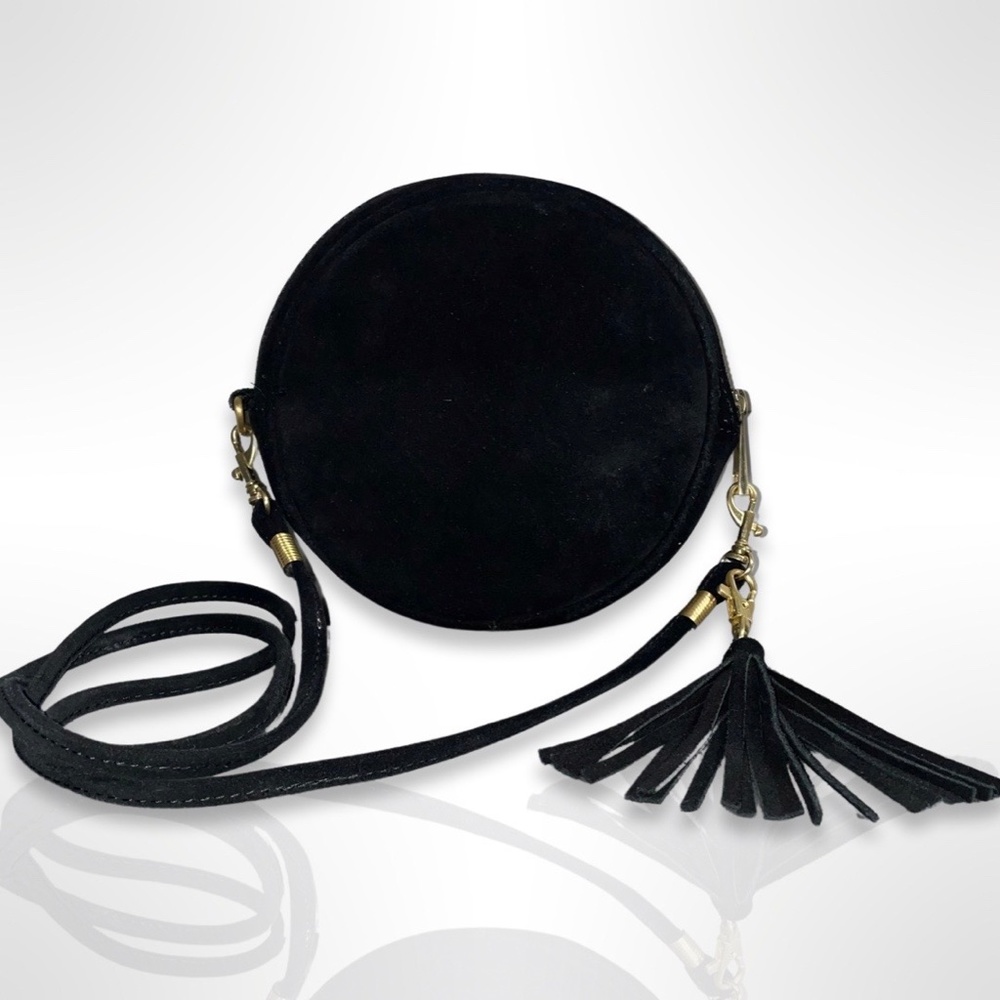 Black Vegan Suede Crossbody Handbag with Tassel & Gold Hardware